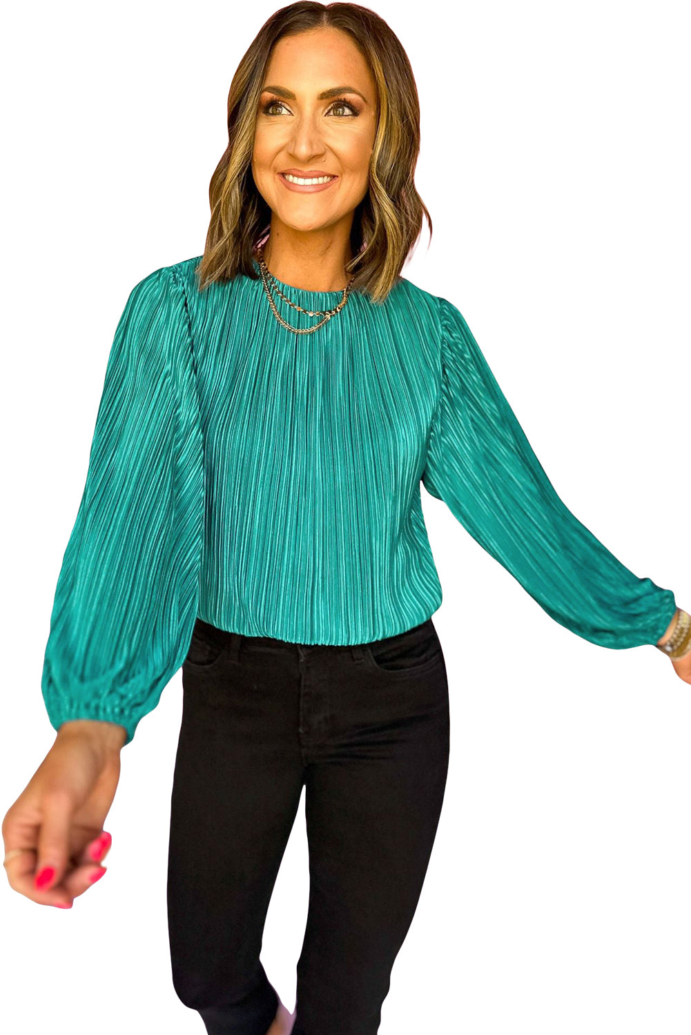 Bonbon Pleated Luster Long Sleeve Blouse