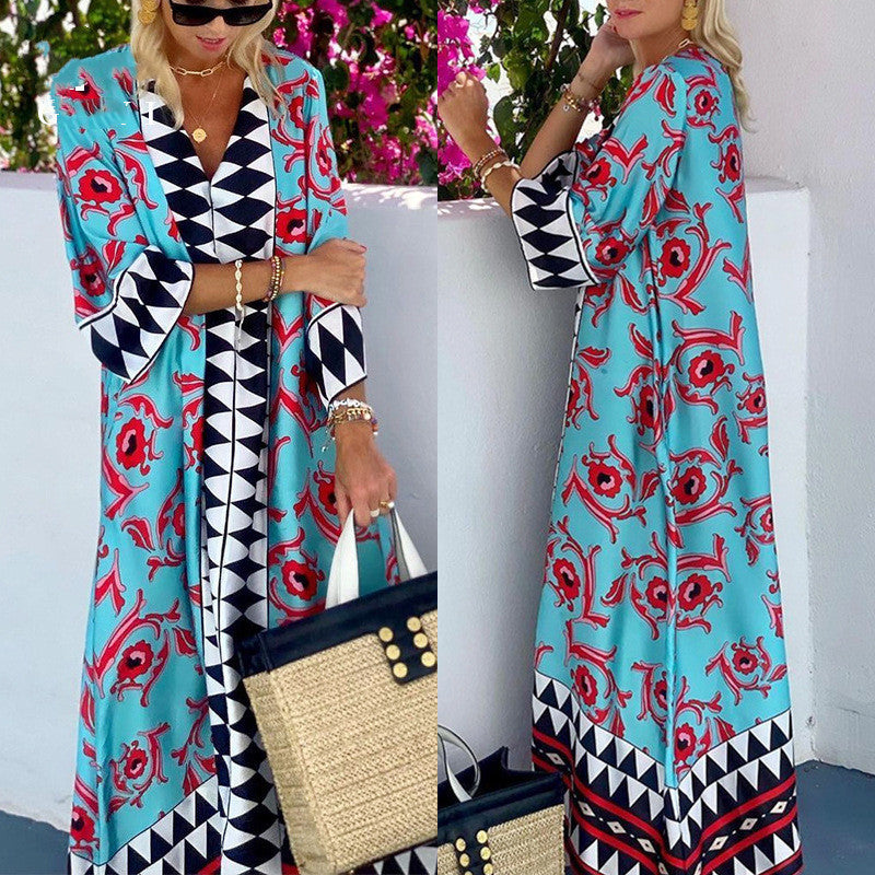 Ultra Bohemian Summer Slay Vacation Floral And Abstract Check Print Oversized Maxi Dress