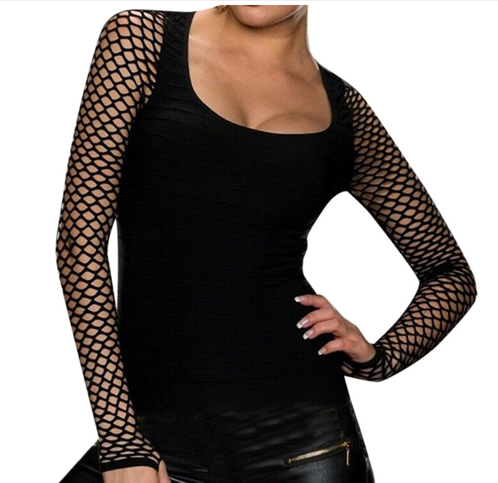 Punk Rock Style Long Sleeved Fishnet Sleeve Slim Fit Top