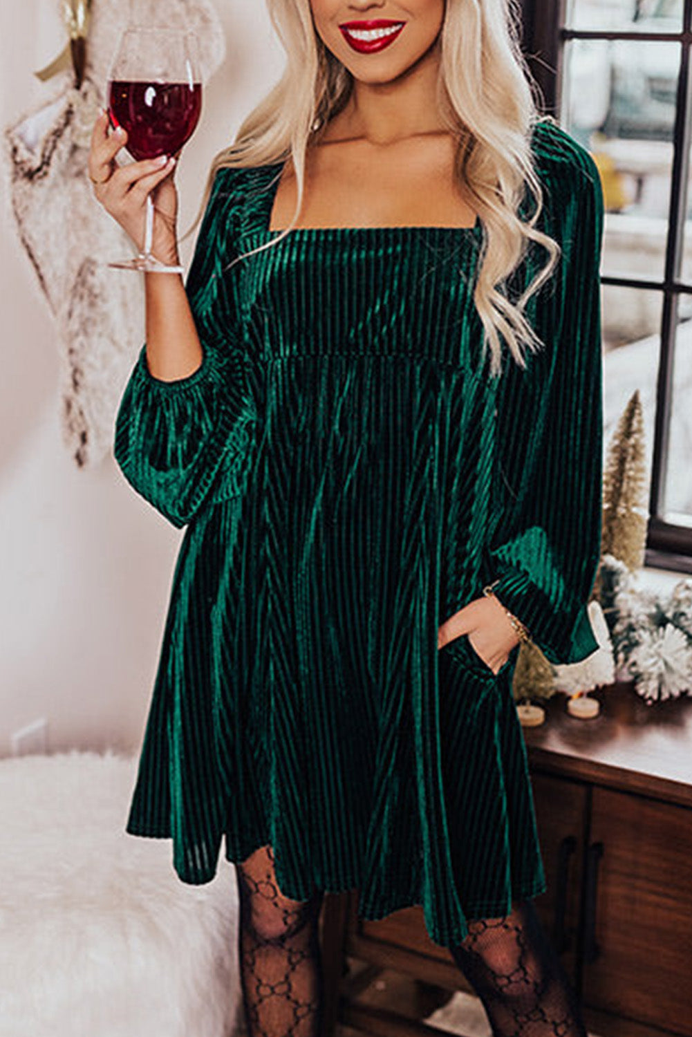 Green Square Neck Tie Back Ribbed Velvet Babydoll Dress