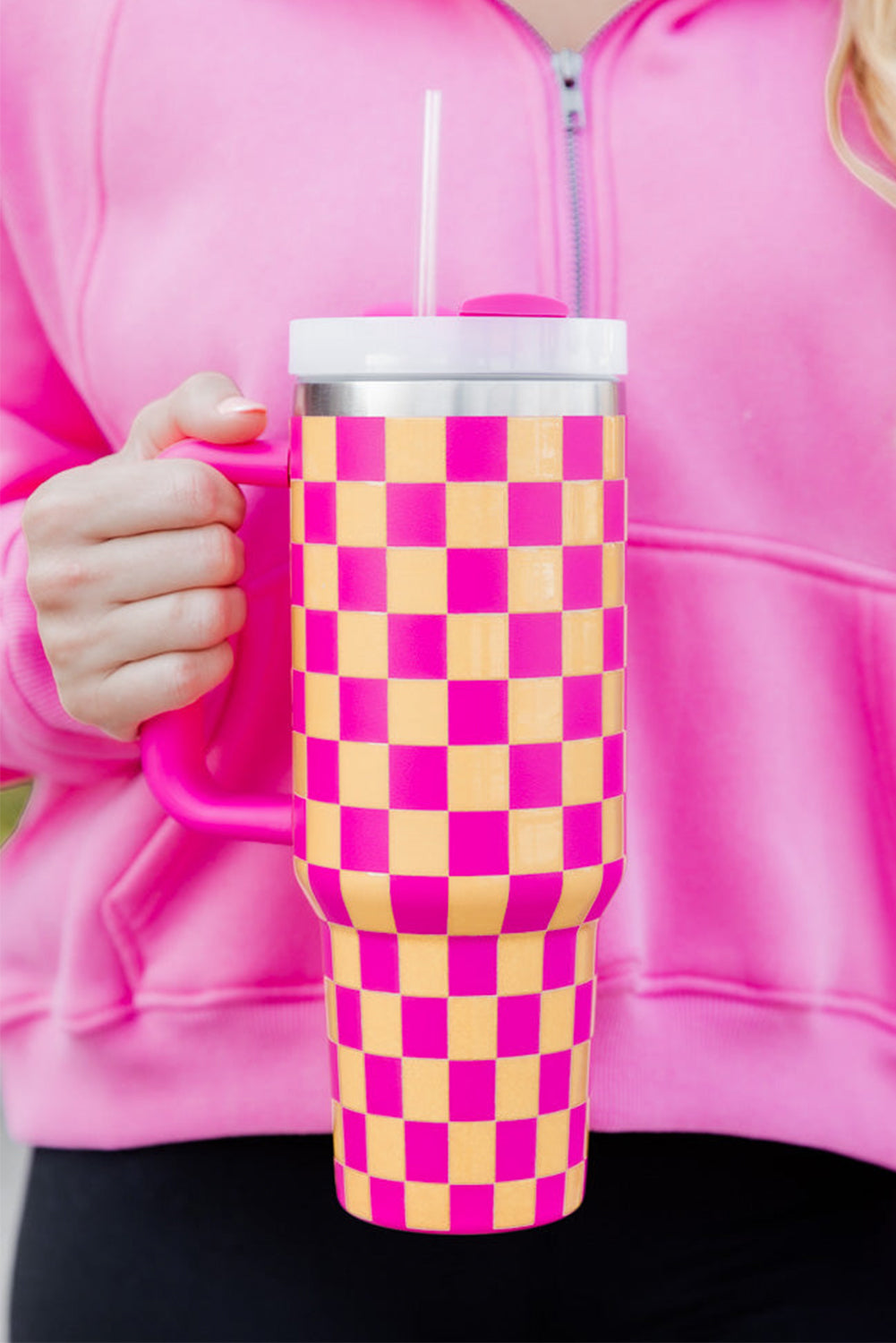 Black Pink Checkered Print Handled Stainless Steel Tumbler Cup