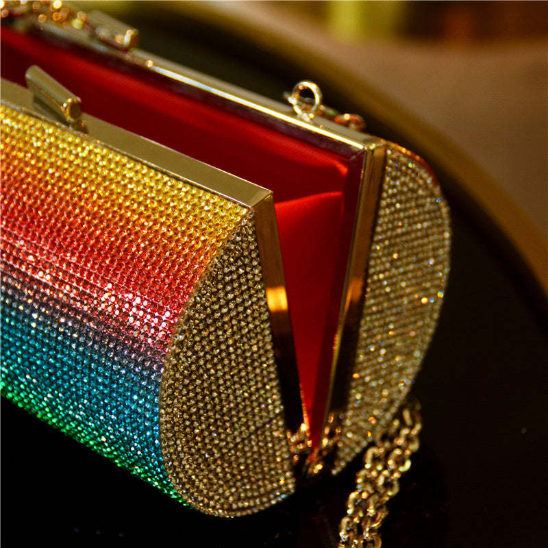 Rainbow Gradient Luxury Rhinestone Bling Party Clutch Evening Bag With Shoulder Chain