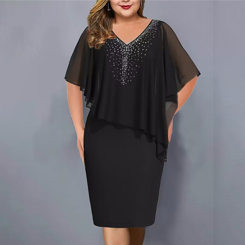 Plus-sized Chiffon Shawl V-neck Rhinestone Short Sleeve Dress