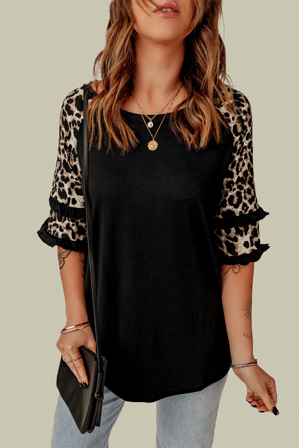 Black Casual Ruffled Leopard Sleeve Patchwork T-Shirt