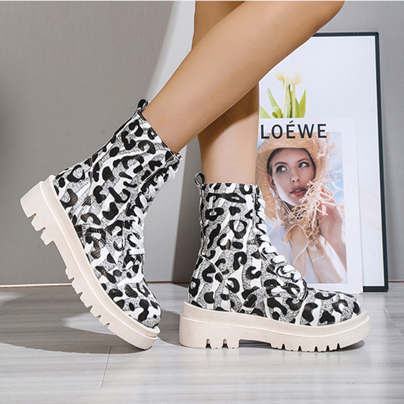 Women’s Black White Leopard Print Low Heel Boots