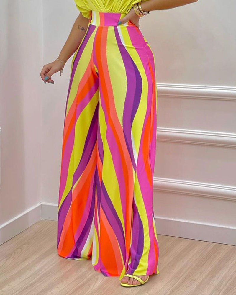 Summer Deep V Pleated Blouse With Printed Wide Leg Neon Swirl Pants Two Piece Outfit Set