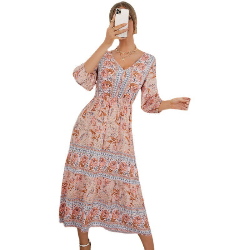 Bohemian V-neck Elastic Waist Three Quarter Sleeve Printed Maxi Dress