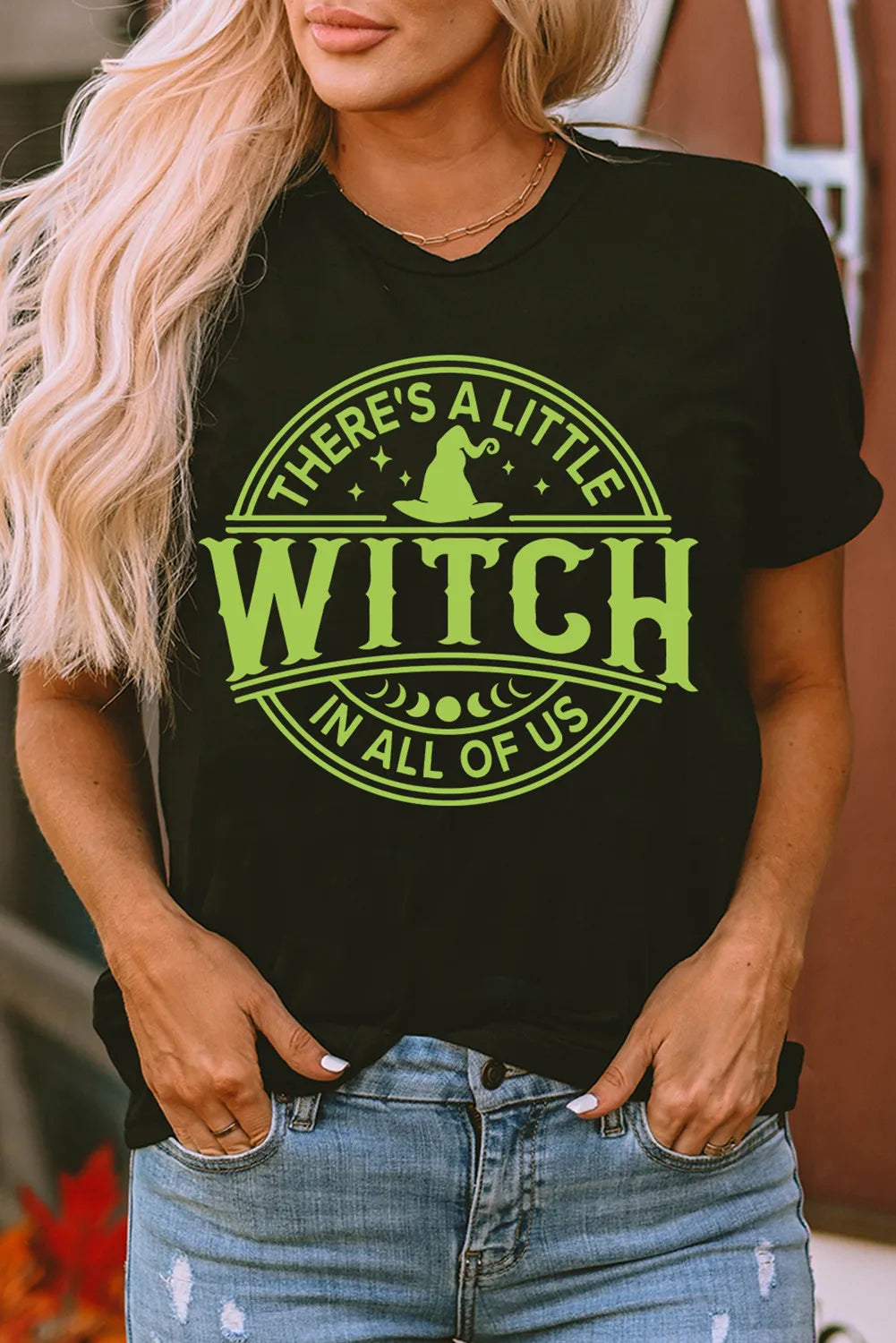 Green Lettering Witch Graphic Print Round Neck Short Sleeve T-Shirt