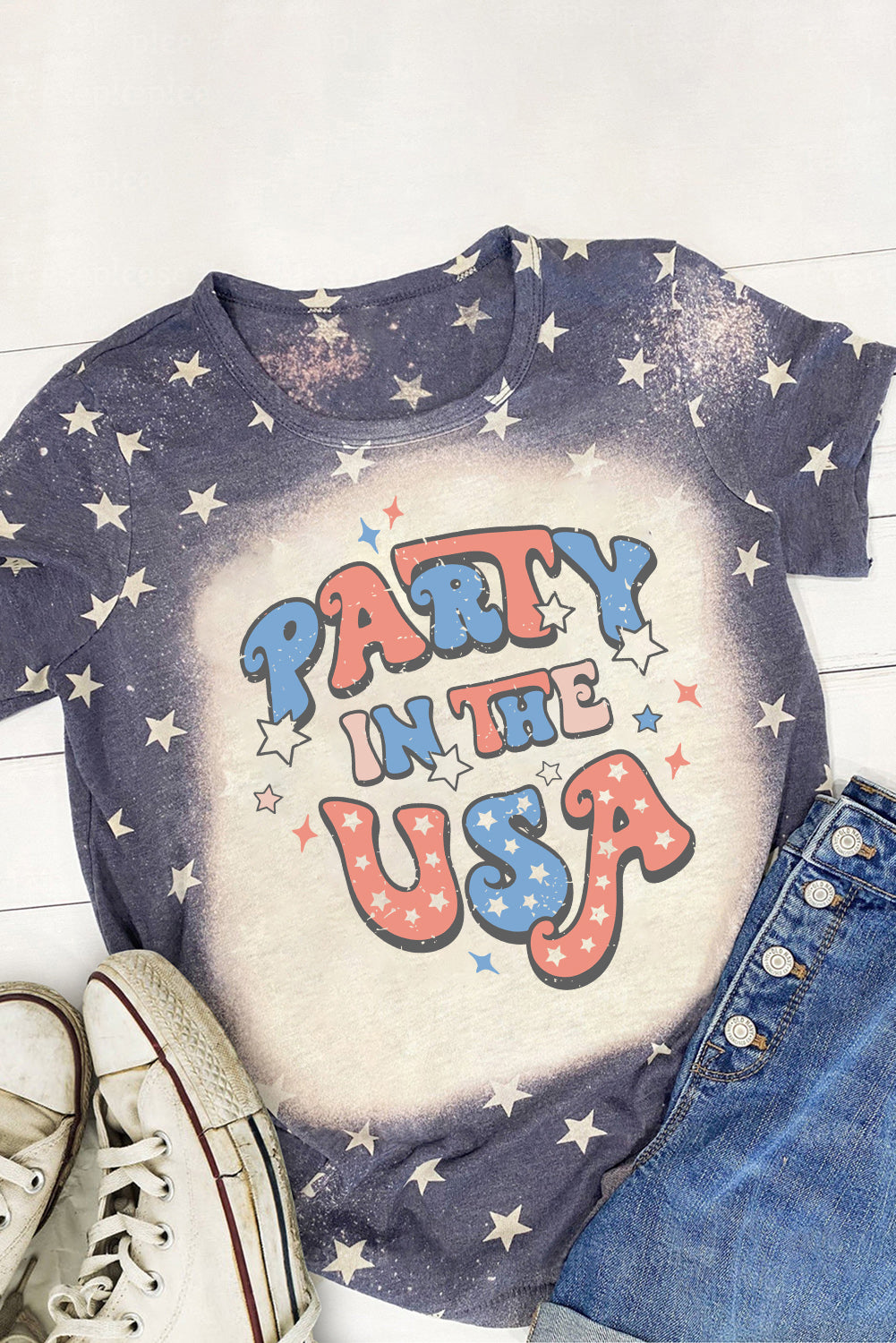 Blue PARTY IN THE USA Graphic Bleached T Shirt