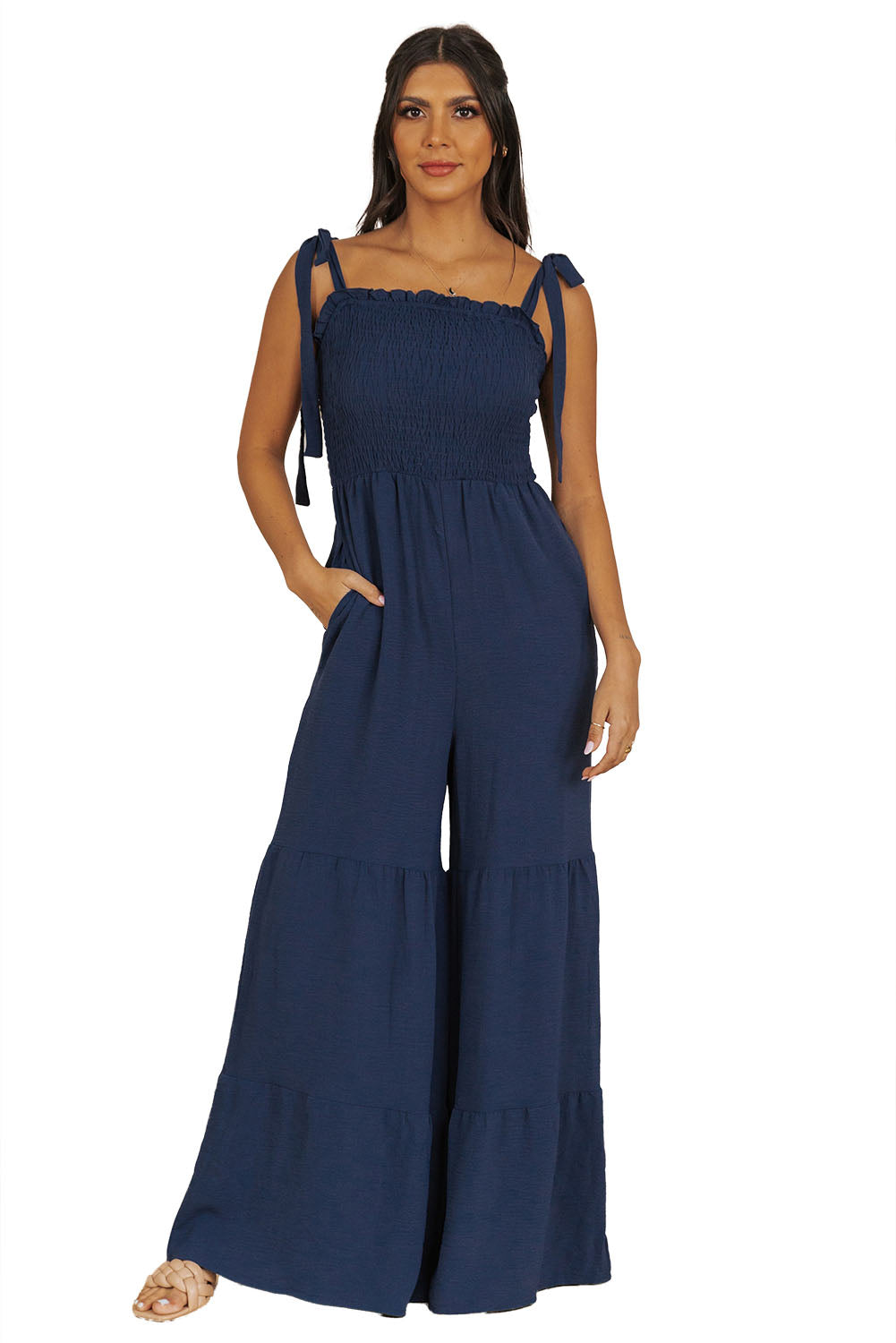 Apricot Tie Straps Shirred Casual Tiered Wide Leg Jumpsuit