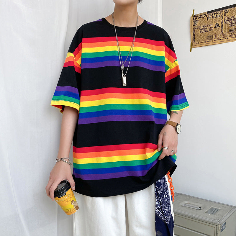 Over The Rainbow Over Sized Horizontal Stripe Printed Short Sleeved Graphic Tee Shirt