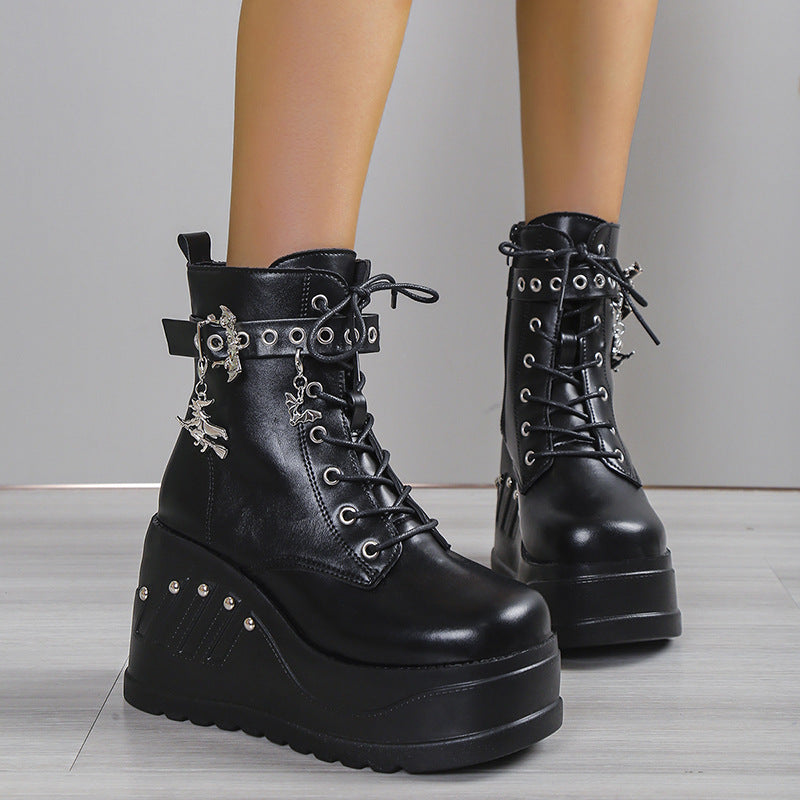 Dark Gothic Rivet Stacked Platform Wedge Short Ankle Boots