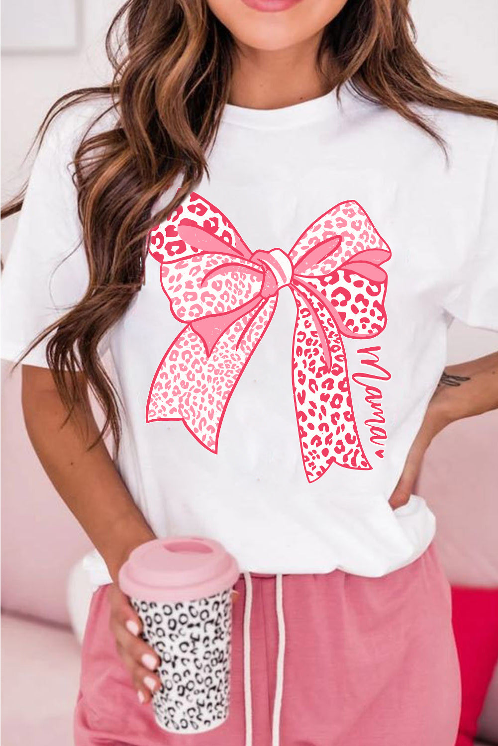 White Leopard Bowknot Graphic Crew Neck Tee