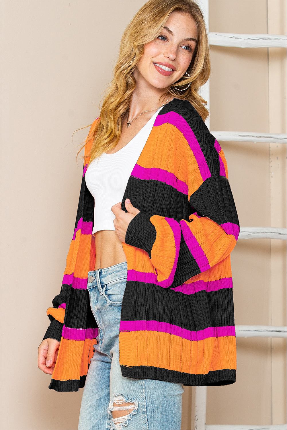 Black Stripe Print Ribbed Knit Sweater Cardigan