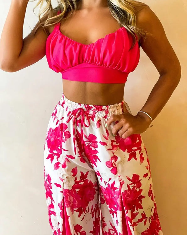 Women's Printed Contrast Wide Leg Pant Two Piece Outfit Set