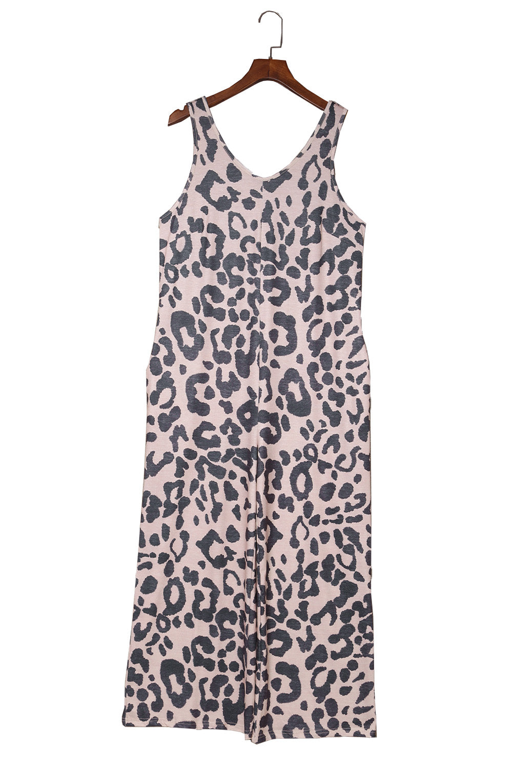 Leopard Print Pockets Sleeveless Wide Leg Jumpsuit