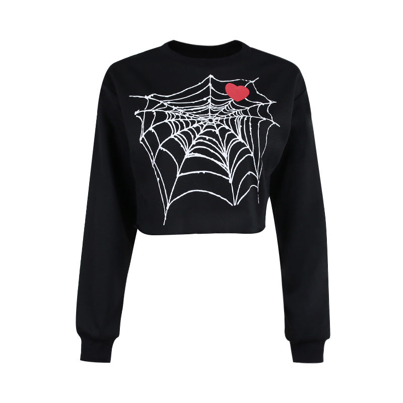 Dark Design Personality Spider Web Heart Print Ladies Top