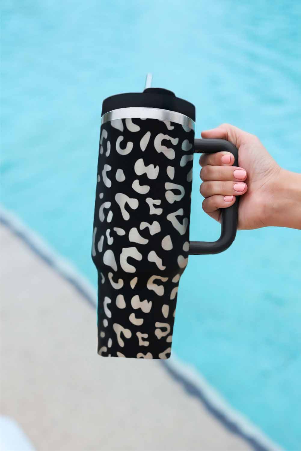 White 40oz Stainless Steel Portable Leopard Tumbler Mug With Handle