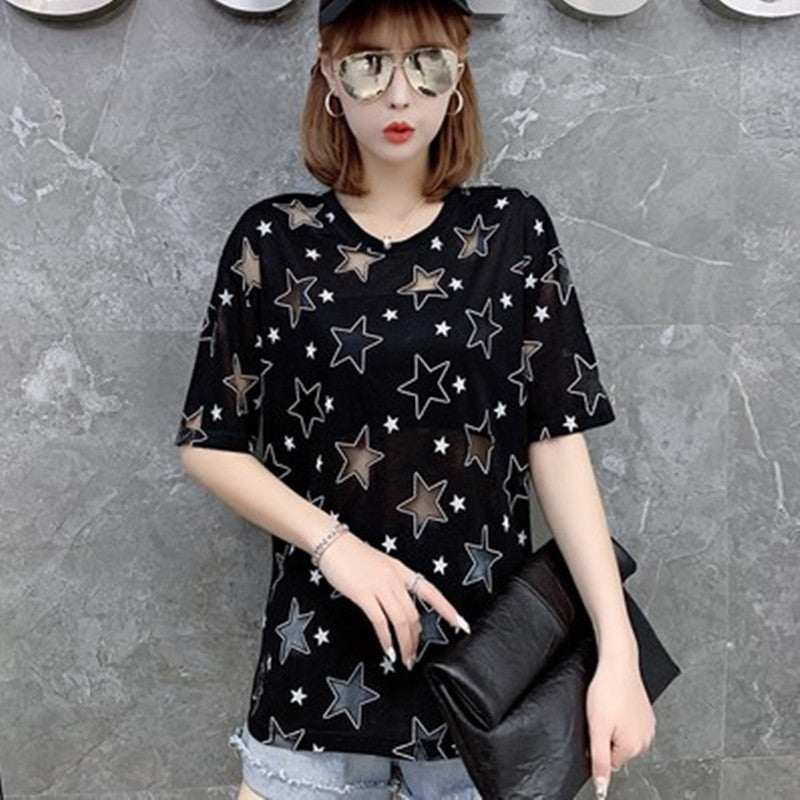 XINGX Loose Mesh Hollow Star Patterned Short Sleeve Sheer Shirts