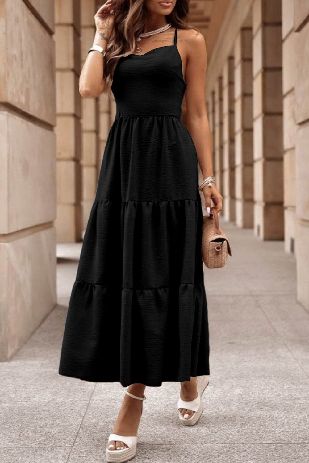 Black Crossover Backless Tiered Maxi Dress - Elegant and Stylish Bodice Dress