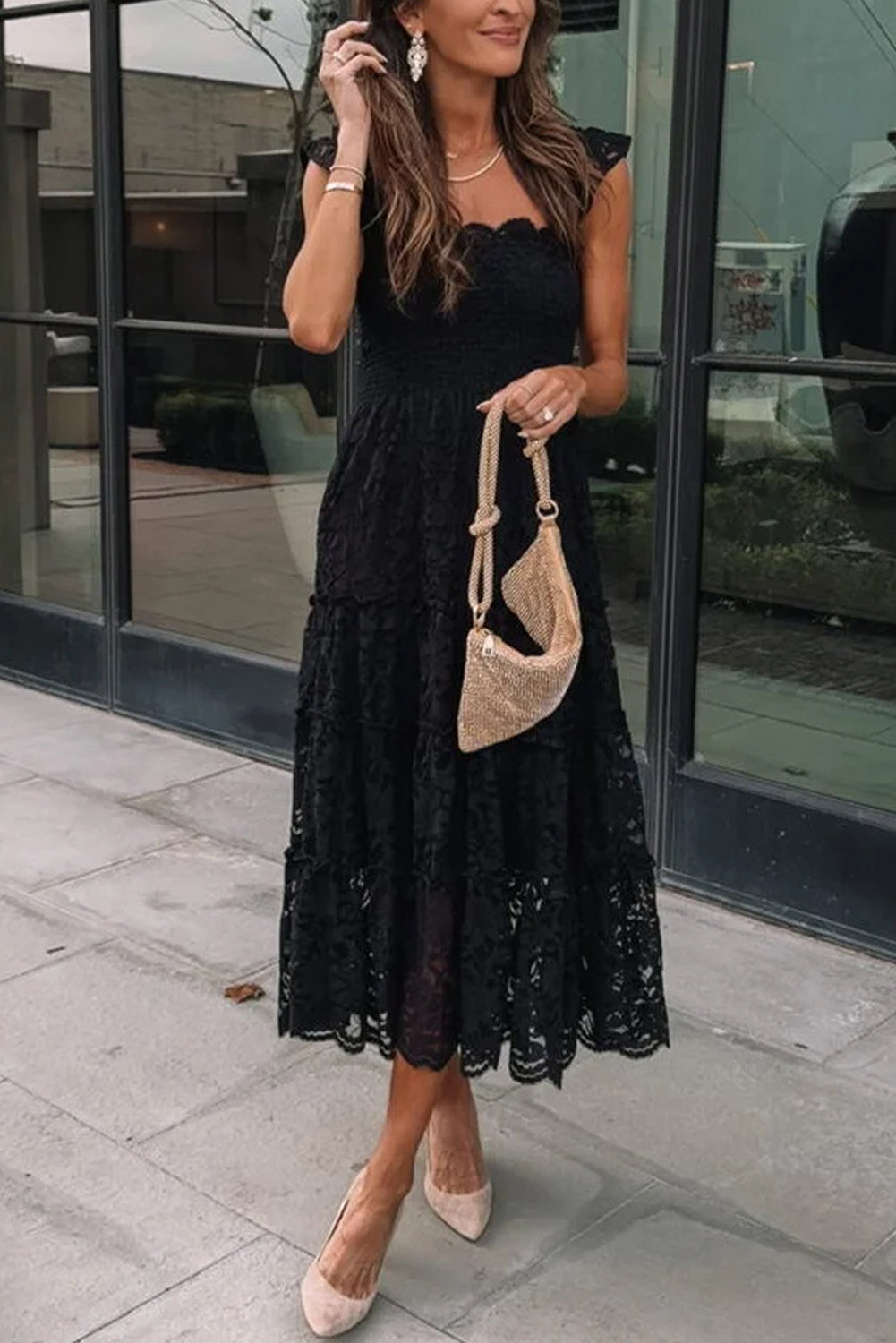 Black Lace Smocked Bodice Sleeveless Midi Dress - Elegant Women's Cocktail Dress