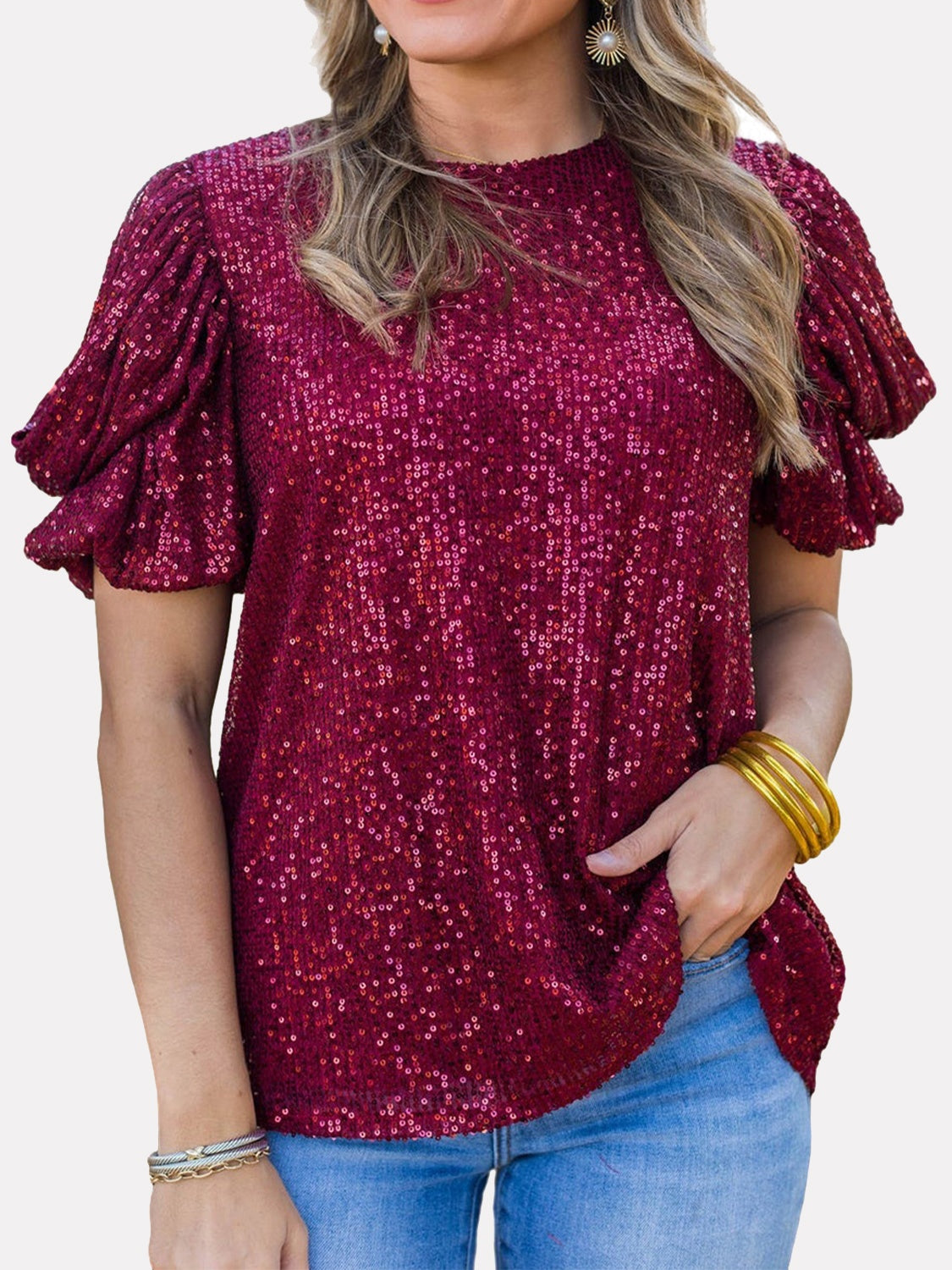 Sequin Round Neck Short Sleeve Blouse