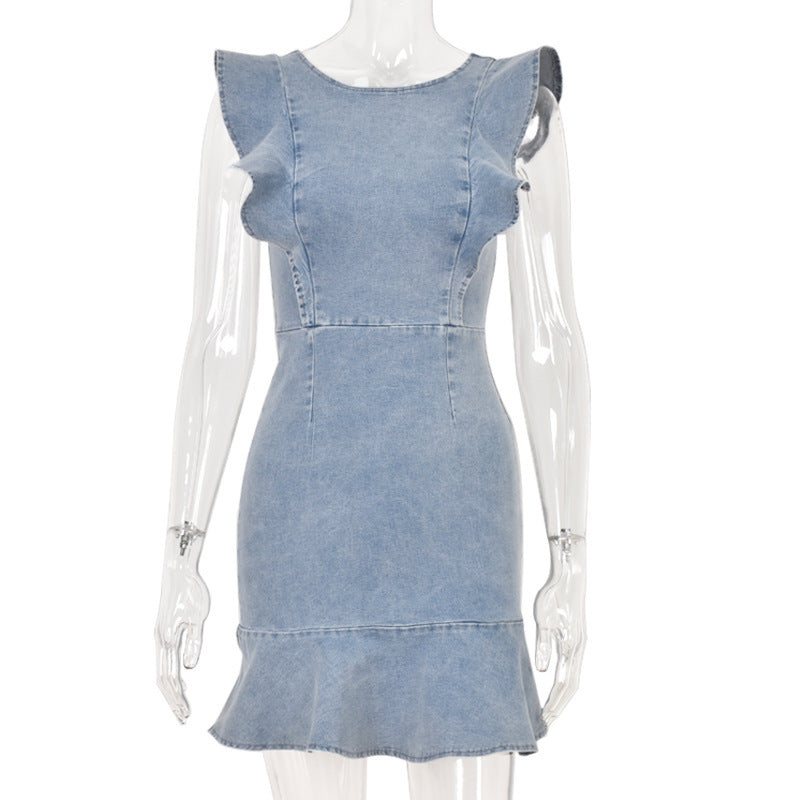 Ruffled Front Sleeve And Skirt Detailed Denim Minidress