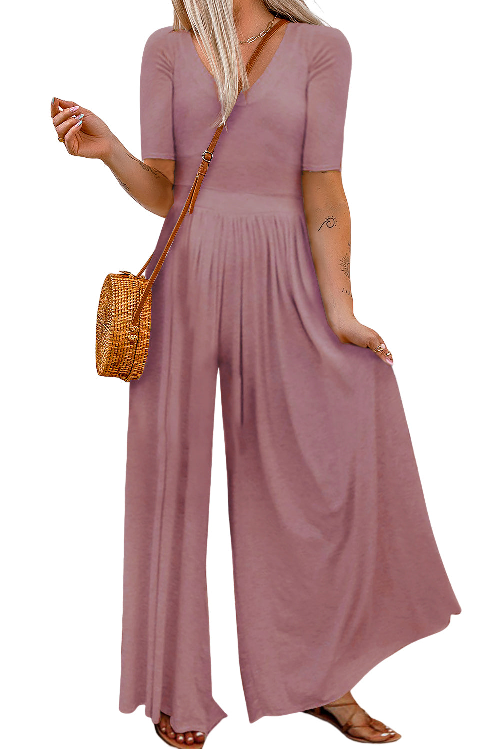 Red Plain Basic Short Sleeve Wide Leg Jumpsuit