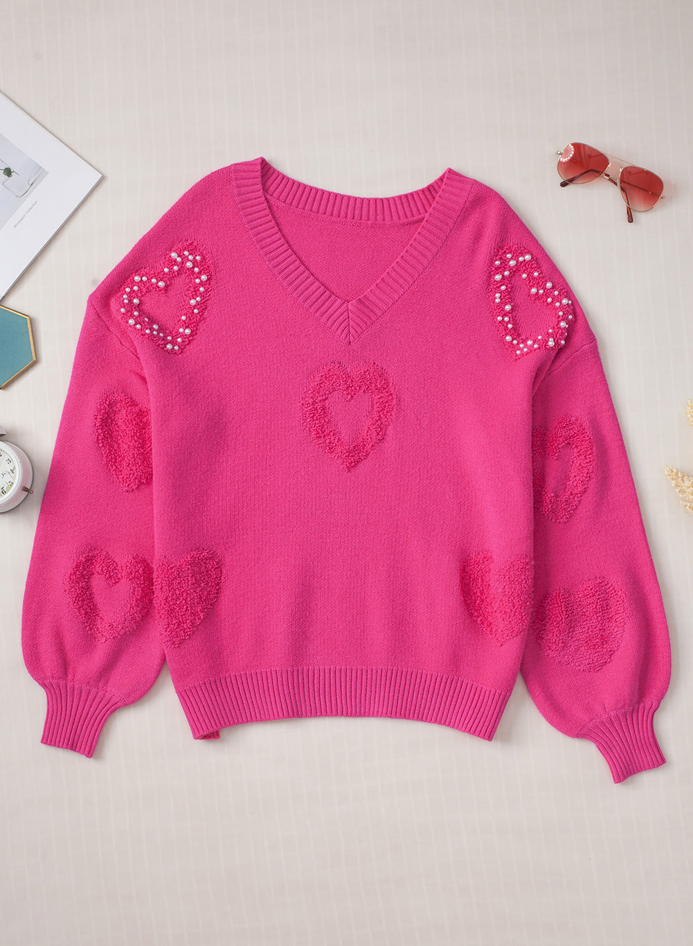 Pearl Trim Heart V-Neck Sweater