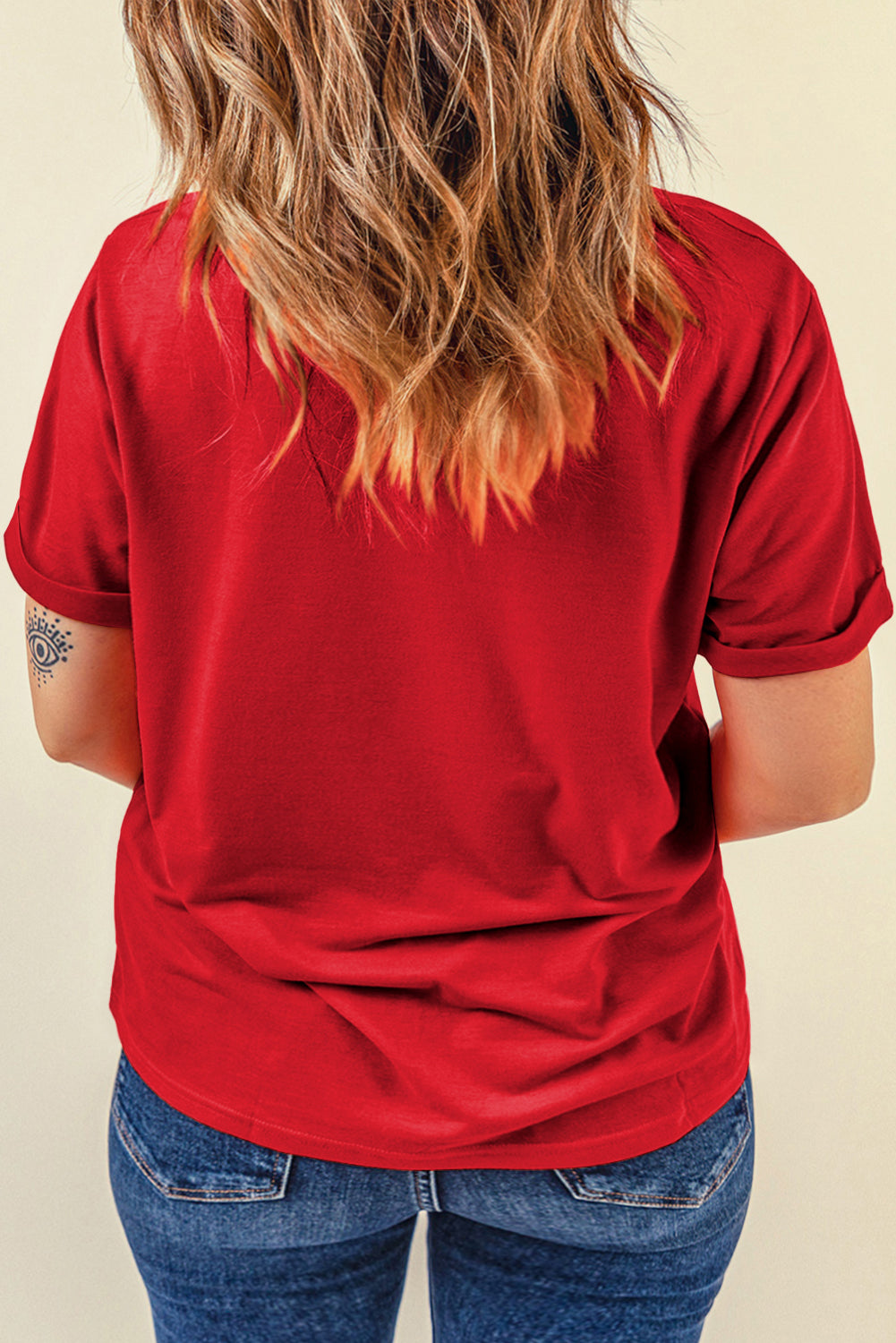 Rose Red Casual Plain Crew Neck Tee