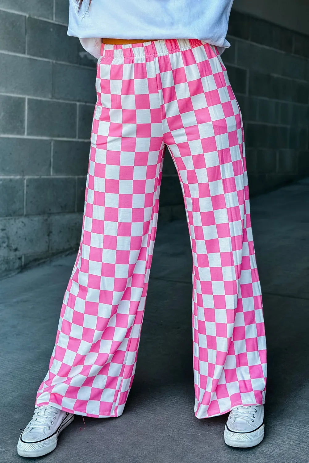 Pink Checkered Wide Leg Pants With Pockets