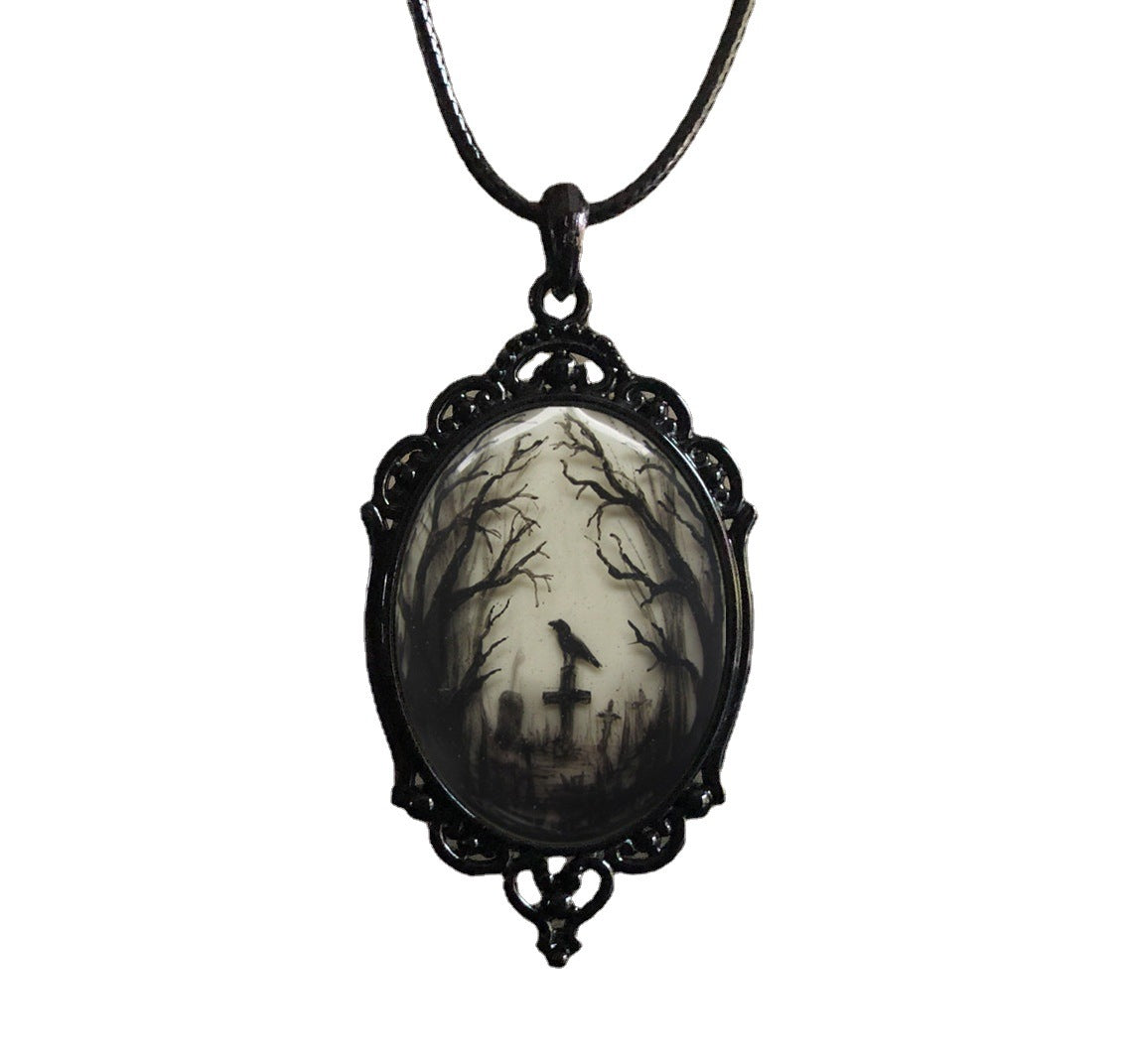 Gothic Crow Cameo Style Glass Pendant Necklace