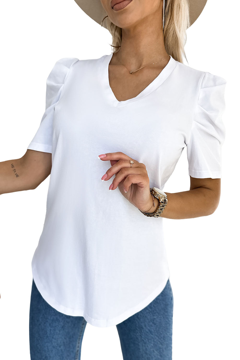 Rose Puff Sleeve V-Neck T-Shirt