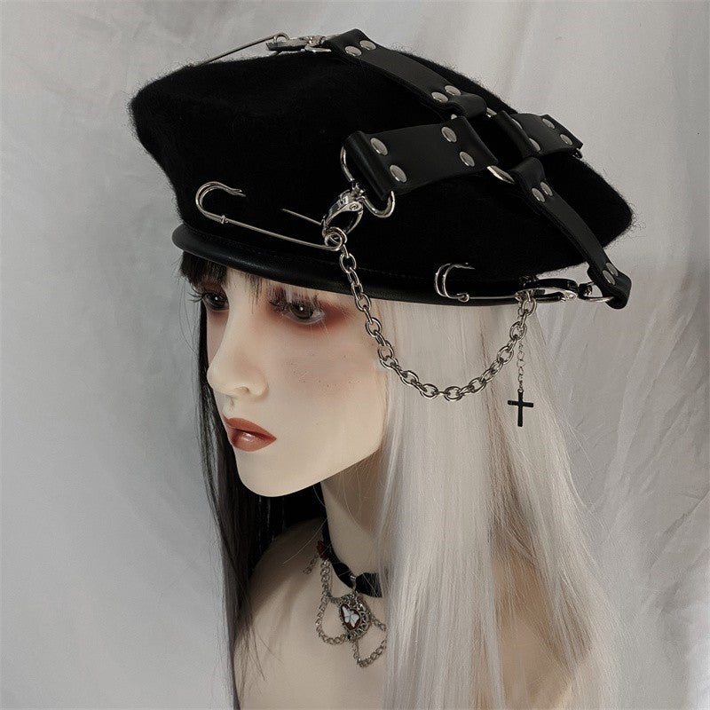 Punk Goth Pu Cross Pin Chain Painter Hat