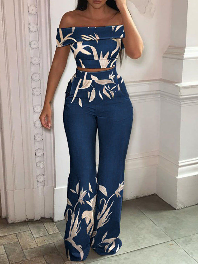 Women's Tropical Print And Checkered Print Option Off-Shoulder Crop Top And High Waist Pants Two Piece Outfit Set