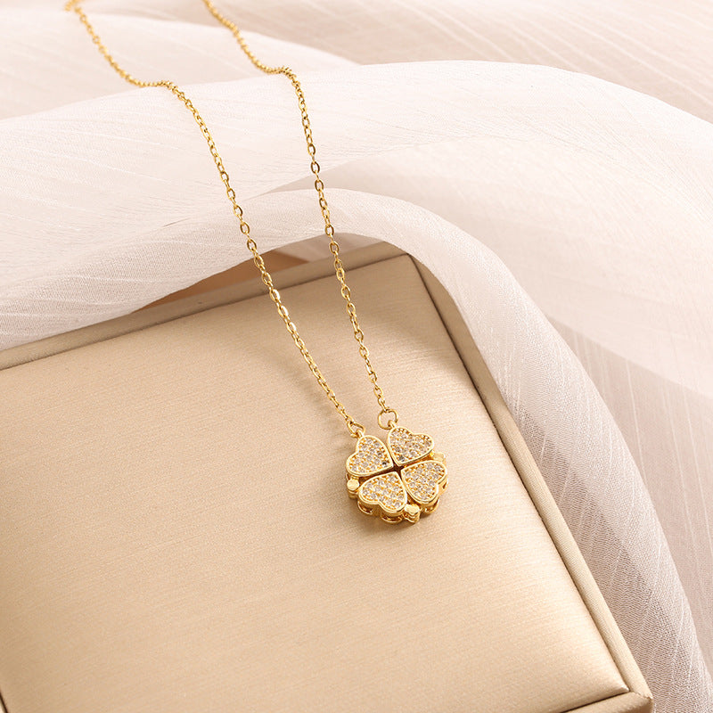 Noble and fashionable heart-to-heart four-leaf clover inlaid with zircon, a two-wear design simple style necklace