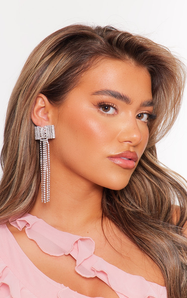 Silver Bow Diamante Statement Earrings