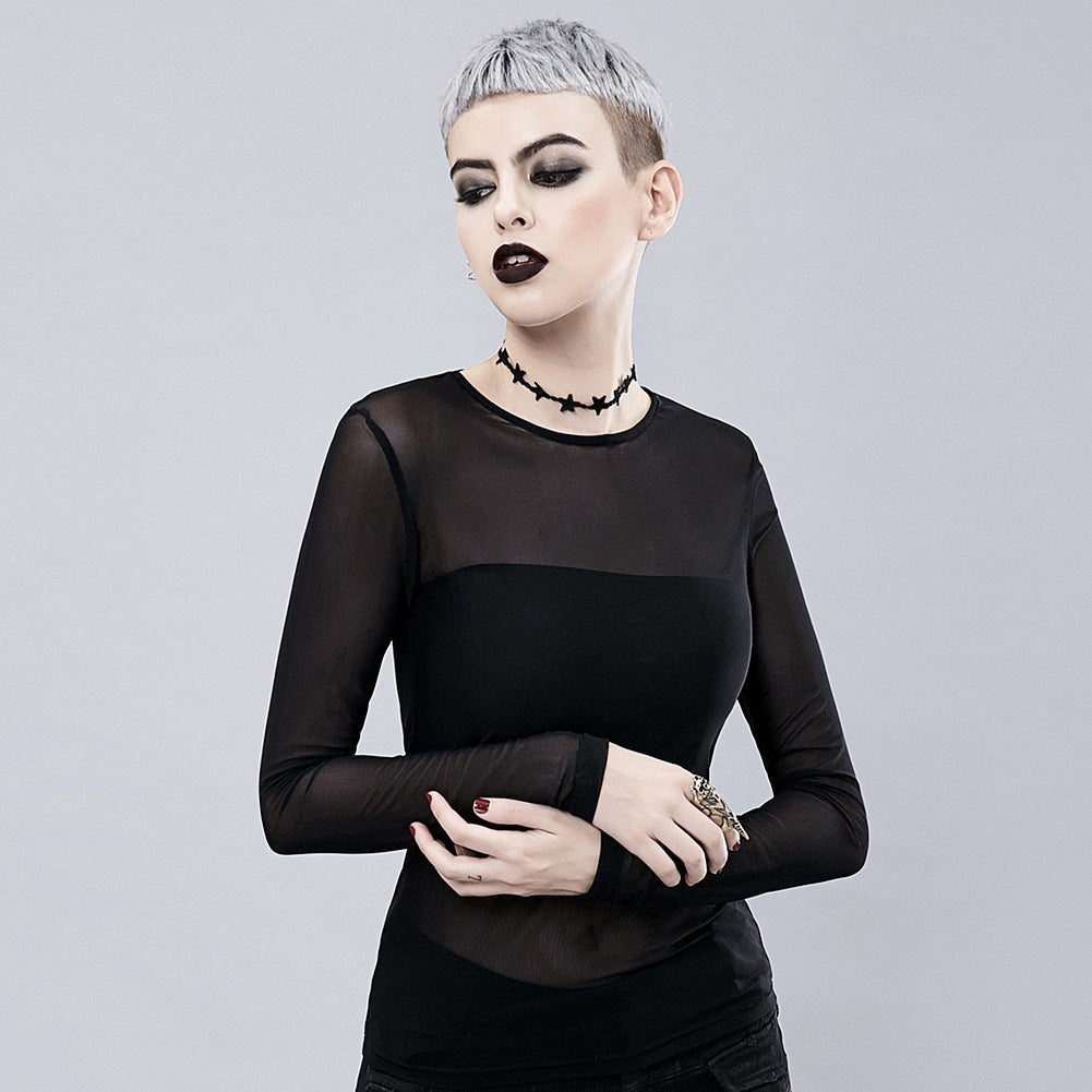 Punk See-through Mesh Hollow-out Breathable Inner Wear Solid Color Long Sleeve T-shirt