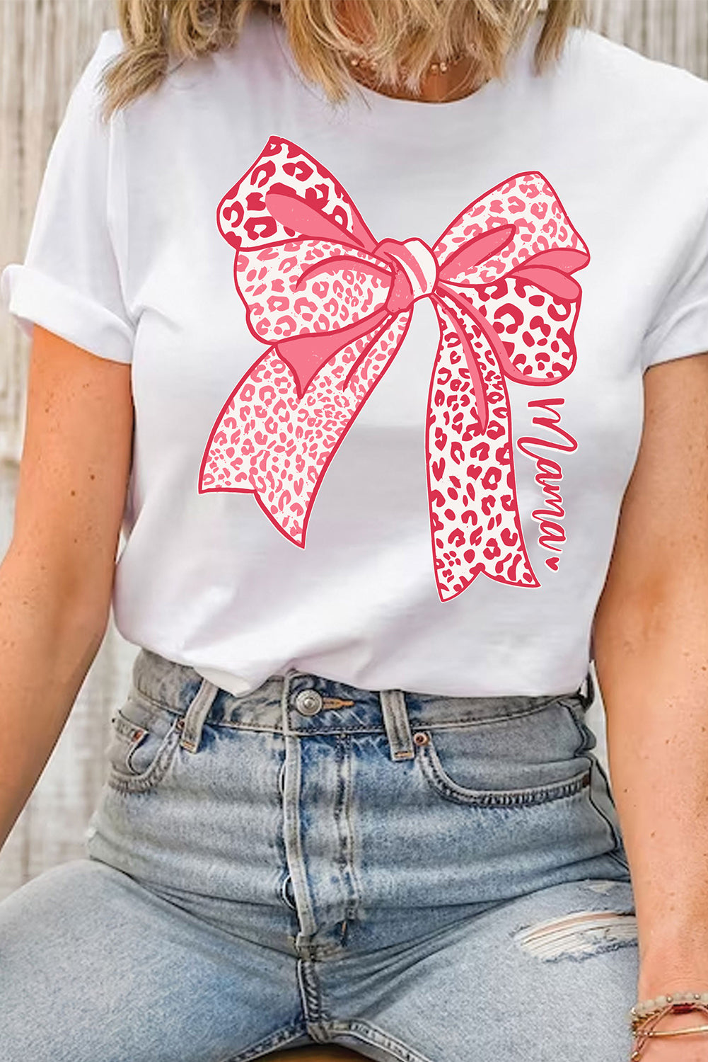 White Leopard Bowknot Graphic Crew Neck Tee