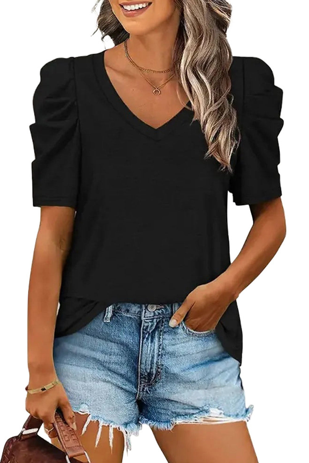 Black Puff Sleeve Casual V Neck T-Shirt