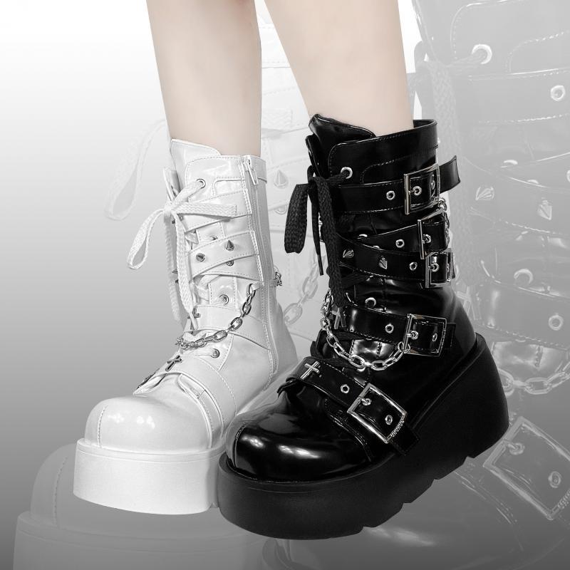 Y2K Hot Girl Thick Bottom Platform Round Toe Cross Embellished Boots