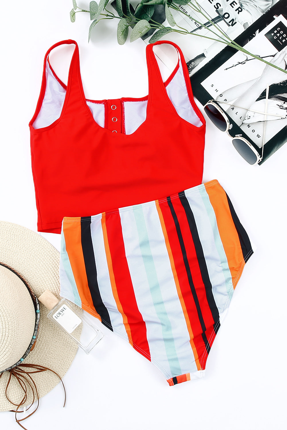 Blue Square Neck Sleeveless Fashion Print Tankini Set