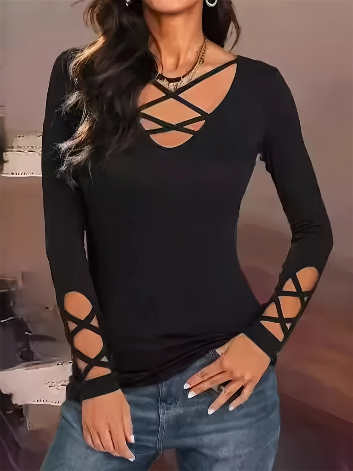 Cutout Crisscross Long Sleeve Women’s T-Shirt