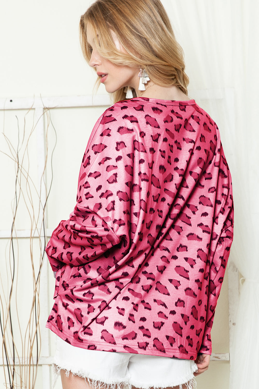 Pink Leopard Stitching Loose Long Sleeve Top