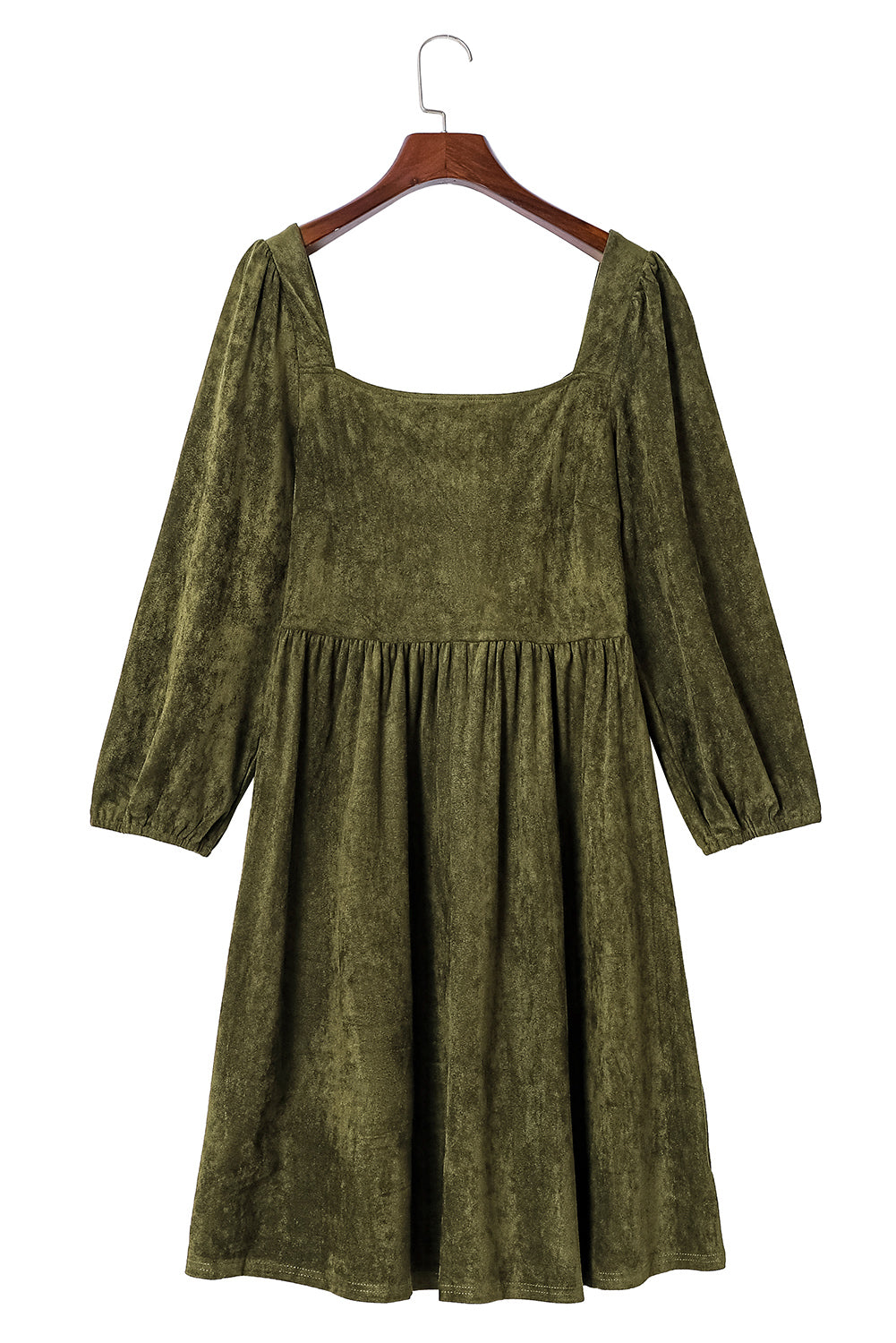 Green Washed Square Neck High Waist Flared Short Dress