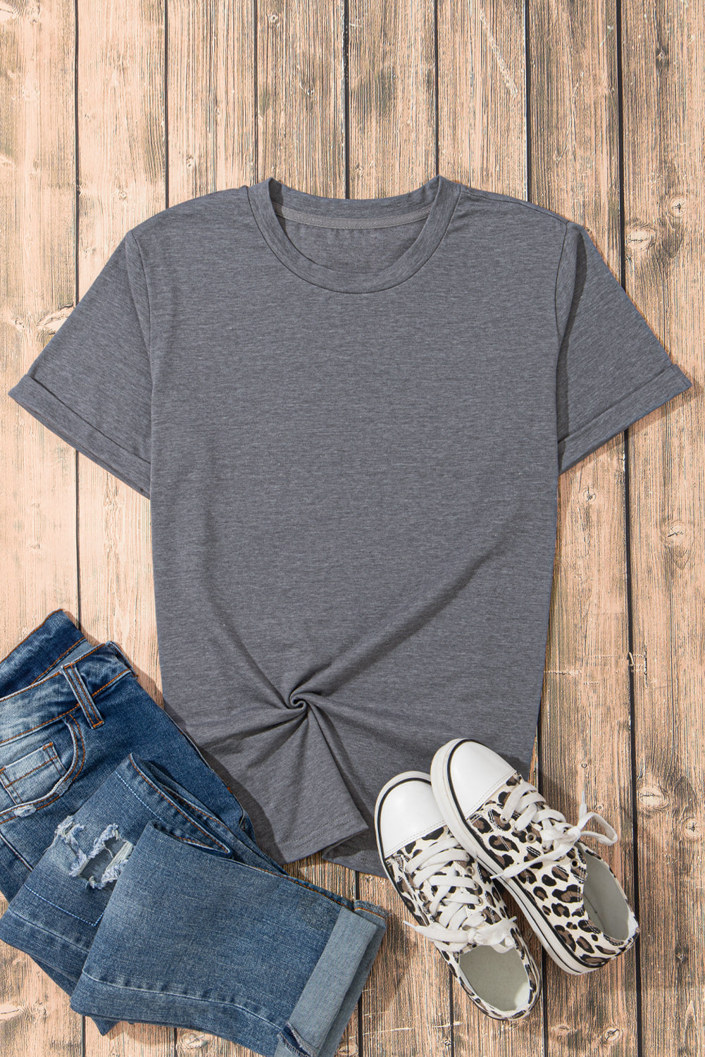 Rose Red Casual Plain Crew Neck Tee