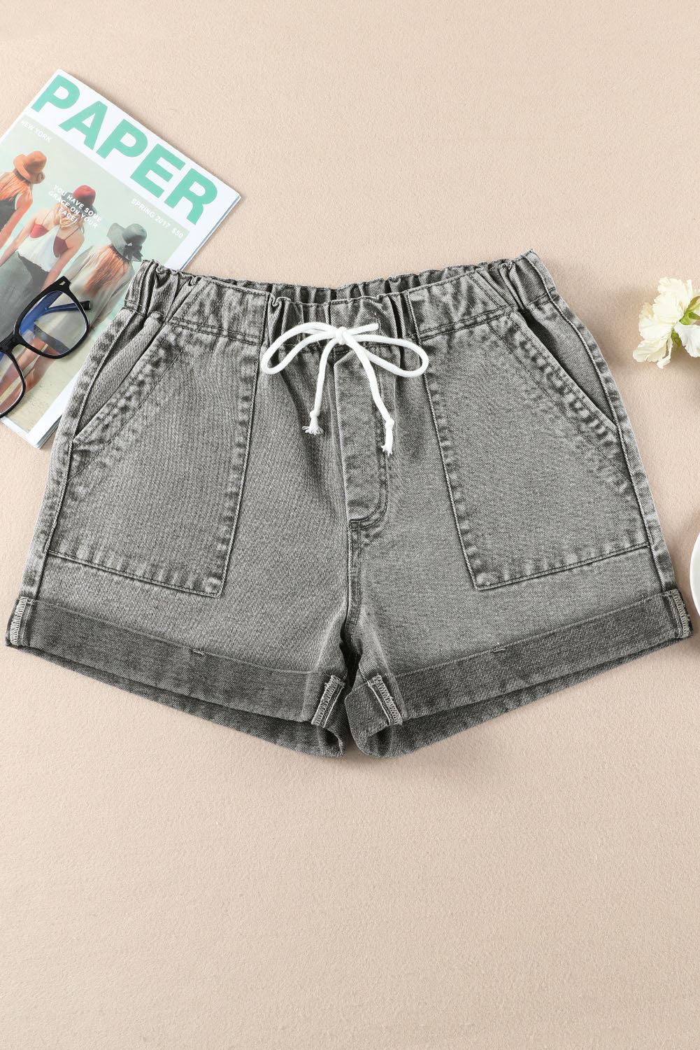 Black Pocketed Drawstring High Waist Denim Shorts