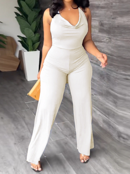 V-Pile Tie - Up Backless Casual Wide-Leg Jumpsuit
 HWUBKQ2MHQ