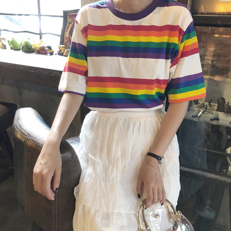 Over The Rainbow Over Sized Horizontal Stripe Printed Short Sleeved Graphic Tee Shirt