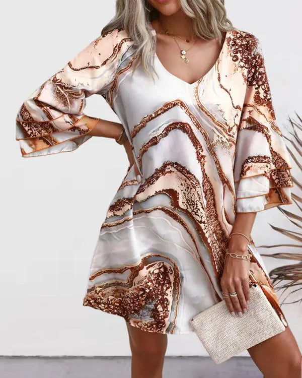 Marble Print Bell Sleeve Casual Dress